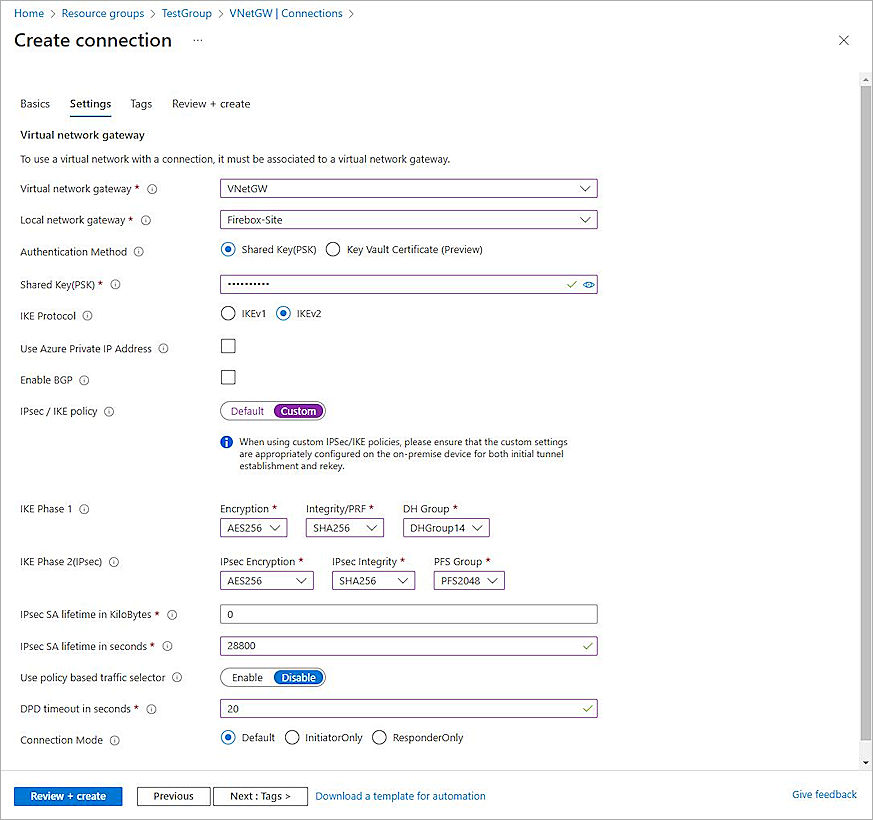 Screenshot of Azure portal, Create Connection page with Settings tab selected